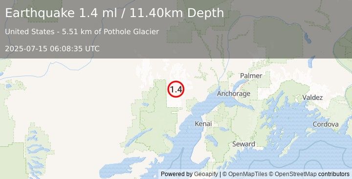 Earthquake 76 km WNW of Tyonek, Alaska (1.4 ml) (2025-07-15 06:08:35 UTC)