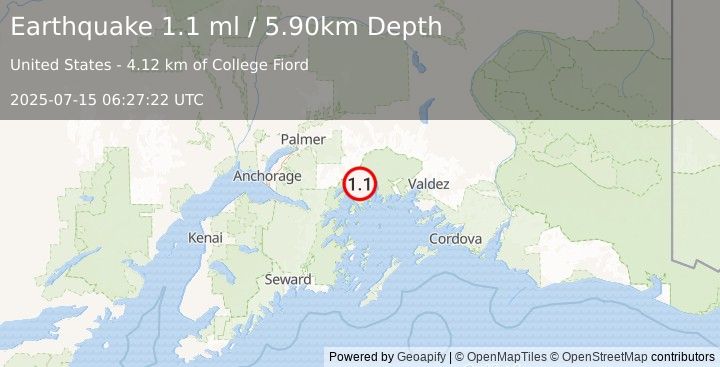 Earthquake 59 km NE of Whittier, Alaska (1.1 ml) (2025-07-15 06:27:22 UTC)