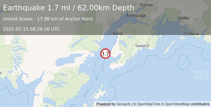 Earthquake 19 km W of Anchor Point, Alaska (1.7 ml) (2025-07-15 08:26:16 UTC)