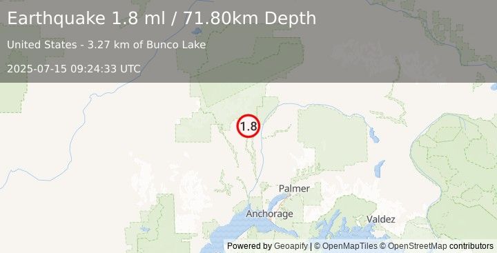 Earthquake 10 km ENE of Petersville, Alaska (1.8 ml) (2025-07-15 09:24:33 UTC)