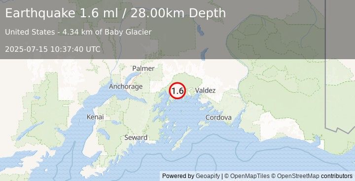 Earthquake 57 km WNW of Tatitlek, Alaska (1.6 ml) (2025-07-15 10:37:40 UTC)