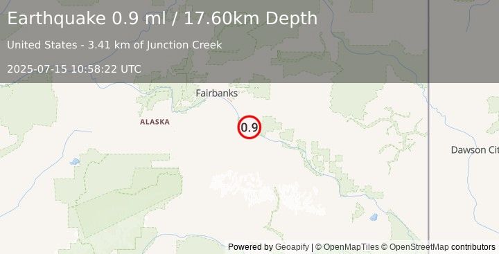 Earthquake 3 km W of Harding-Birch Lakes, Alaska (0.9 ml) (2025-07-15 10:58:22 UTC)
