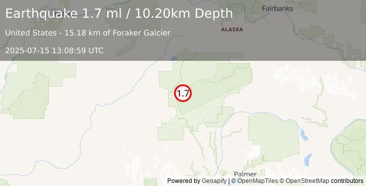 Earthquake 35 km S of Denali National Park, Alaska (1.7 ml) (2025-07-15 13:08:59 UTC)