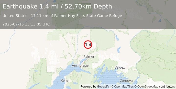 Earthquake 34 km E of Susitna North, Alaska (1.4 ml) (2025-07-15 13:13:05 UTC)