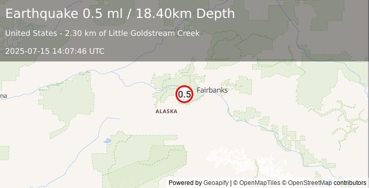 Earthquake 20 km NNE of Four Mile Road, Alaska (0.5 ml) (2025-07-15 14:07:46 UTC)