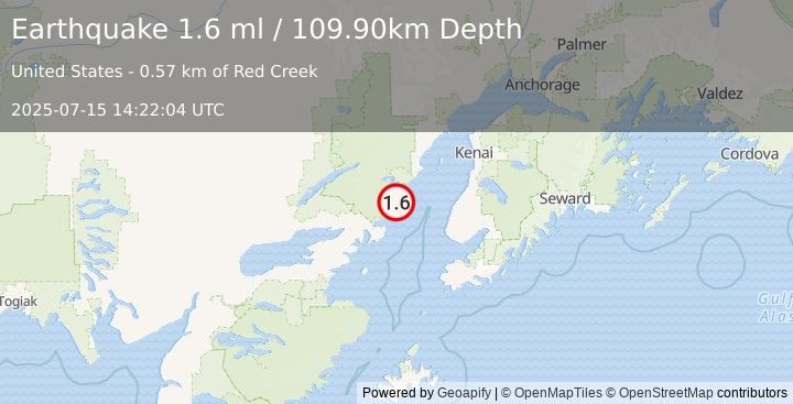 Earthquake 61 km WNW of Happy Valley, Alaska (1.6 ml) (2025-07-15 14:22:04 UTC)