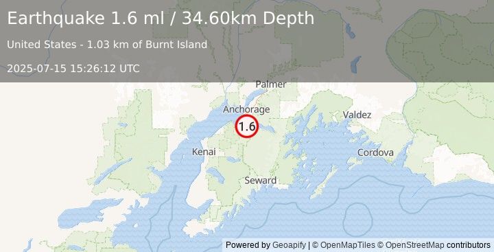 Earthquake 13 km WNW of Hope, Alaska (1.6 ml) (2025-07-15 15:26:12 UTC)