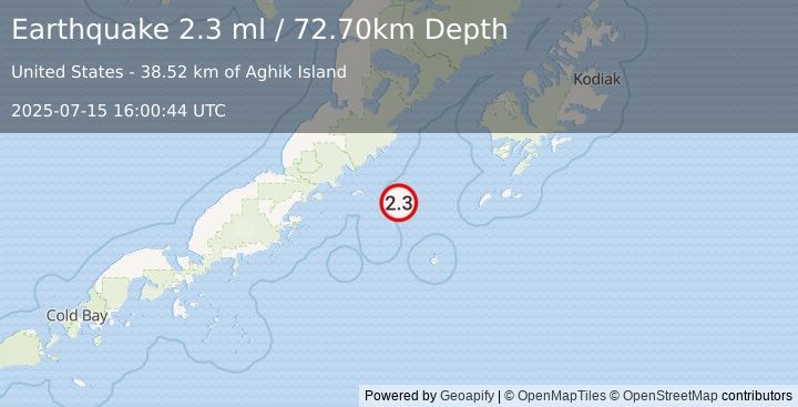 Earthquake 129 km E of Chignik, Alaska (2.3 ml) (2025-07-15 16:00:44 UTC)