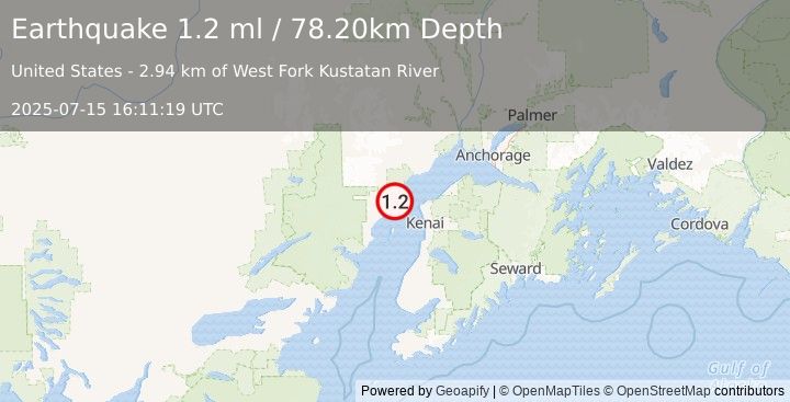 Earthquake 32 km WNW of Nikiski, Alaska (1.2 ml) (2025-07-15 16:11:19 UTC)