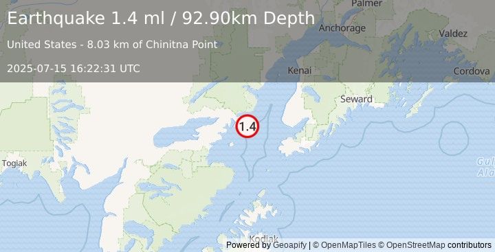 Earthquake 62 km WSW of Anchor Point, Alaska (1.4 ml) (2025-07-15 16:22:31 UTC)