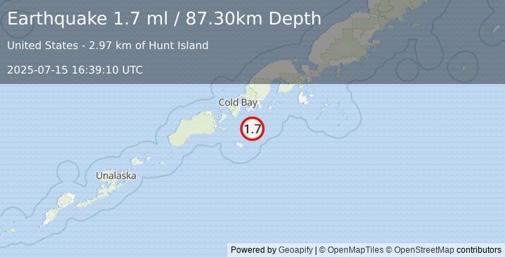 Earthquake 36 km S of King Cove, Alaska (1.7 ml) (2025-07-15 16:39:10 UTC)