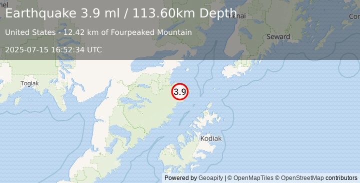 Earthquake 85 km SE of Kokhanok, Alaska (3.9 ml) (2025-07-15 16:52:34 UTC)