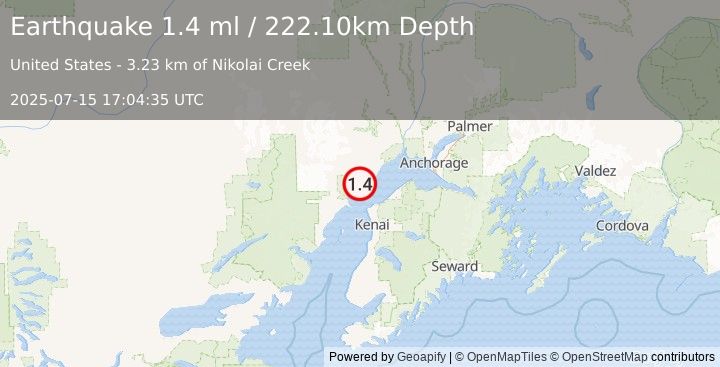 Earthquake 22 km WSW of Tyonek, Alaska (1.4 ml) (2025-07-15 17:04:35 UTC)