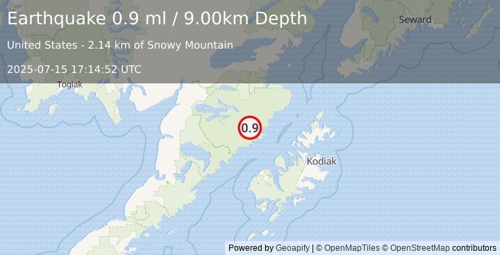 Earthquake 88 km N of Karluk, Alaska (0.9 ml) (2025-07-15 17:14:52 UTC)