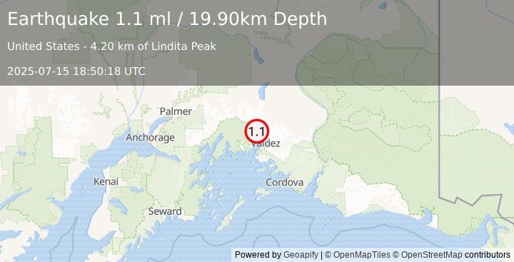 Earthquake 24 km NW of Valdez, Alaska (1.1 ml) (2025-07-15 18:50:18 UTC)