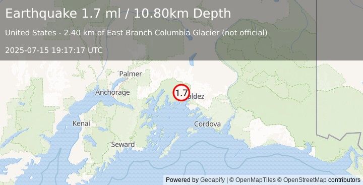 Earthquake 30 km WNW of Valdez, Alaska (1.7 ml) (2025-07-15 19:17:17 UTC)