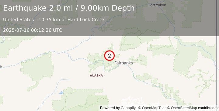 Earthquake 30 km ESE of Minto, Alaska (2.0 ml) (2025-07-16 00:12:26 UTC)