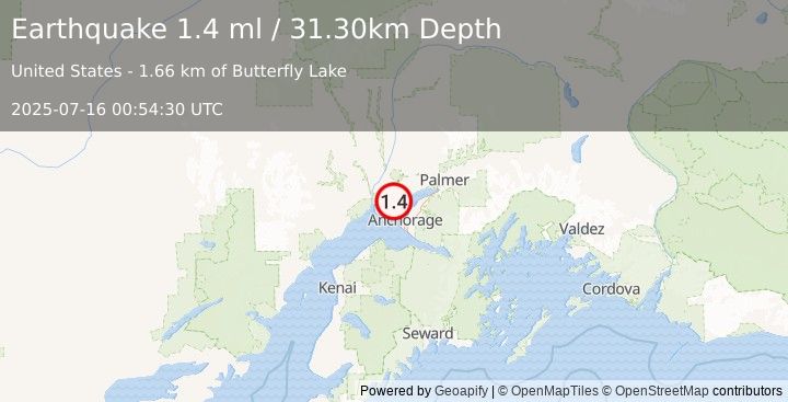 Earthquake 8 km WNW of Point MacKenzie, Alaska (1.4 ml) (2025-07-16 00:54:30 UTC)
