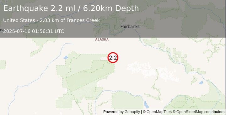 Earthquake 5 km NE of Healy, Alaska (2.2 ml) (2025-07-16 01:56:31 UTC)