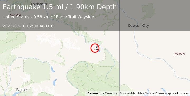 Earthquake 13 km SSW of Tok, Alaska (1.5 ml) (2025-07-16 02:00:48 UTC)