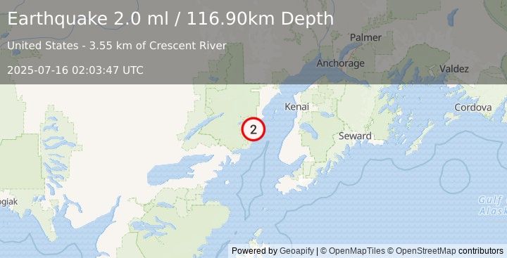 Earthquake 55 km WNW of Ninilchik, Alaska (2.0 ml) (2025-07-16 02:03:47 UTC)