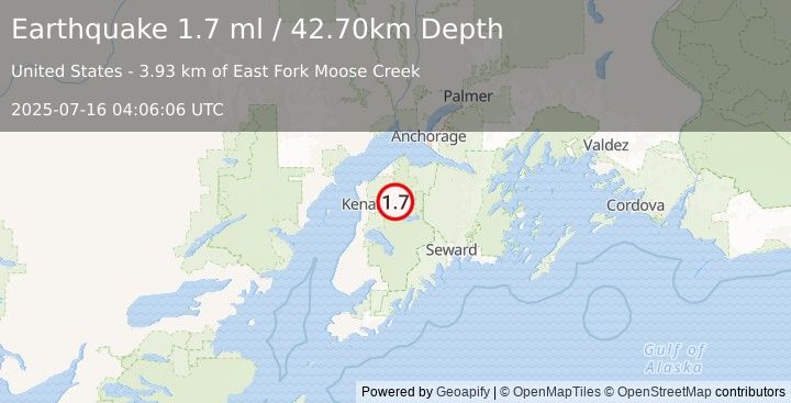 Earthquake 12 km ENE of Sterling, Alaska (1.7 ml) (2025-07-16 04:06:06 UTC)