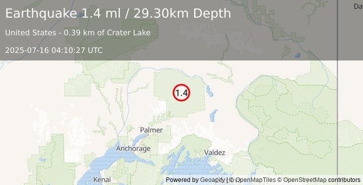 Earthquake 57 km NW of Eureka Roadhouse, Alaska (1.4 ml) (2025-07-16 04:10:27 UTC)