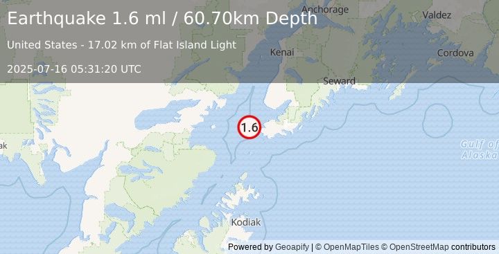 Earthquake 20 km W of Nanwalek, Alaska (1.6 ml) (2025-07-16 05:31:20 UTC)