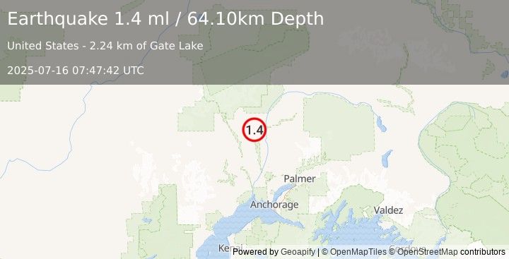 Earthquake 14 km W of Trapper Creek, Alaska (1.4 ml) (2025-07-16 07:47:42 UTC)