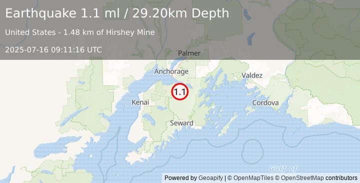 Earthquake 12 km SSW of Sunrise, Alaska (1.1 ml) (2025-07-16 09:11:16 UTC)