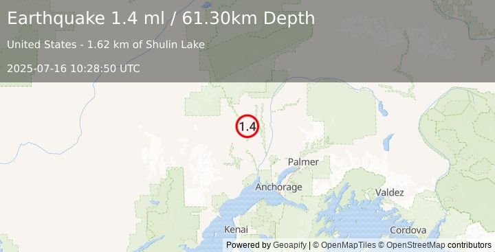 Earthquake 31 km ENE of Skwentna, Alaska (1.4 ml) (2025-07-16 10:28:50 UTC)