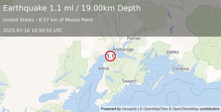 Earthquake 8 km NW of Point Possession, Alaska (1.1 ml) (2025-07-16 10:50:55 UTC)