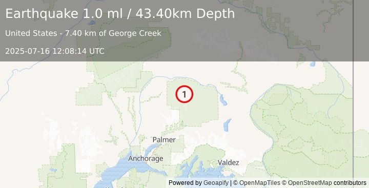 Earthquake 80 km N of Chickaloon, Alaska (1.0 ml) (2025-07-16 12:08:14 UTC)
