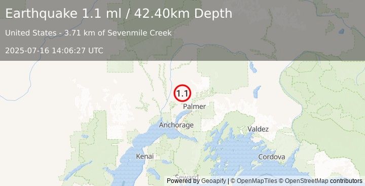 Earthquake 24 km NW of Fishhook, Alaska (1.1 ml) (2025-07-16 14:06:27 UTC)
