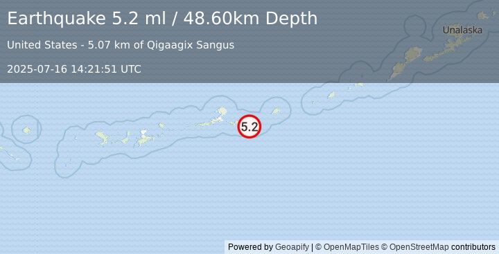 Earthquake 65 km ESE of Atka, Alaska (5.2 ml) (2025-07-16 14:21:51 UTC)