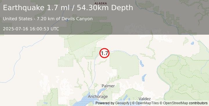 Earthquake 50 km NE of Chase, Alaska (1.7 ml) (2025-07-16 16:00:53 UTC)