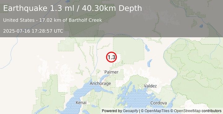 Earthquake 39 km E of Susitna North, Alaska (1.3 ml) (2025-07-16 17:28:57 UTC)
