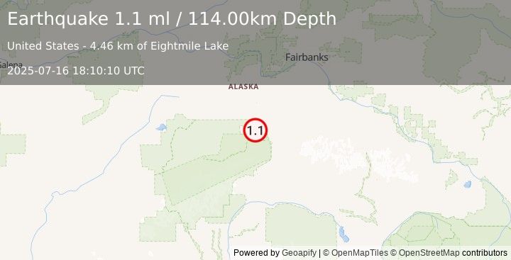 Earthquake 16 km W of Healy, Alaska (1.1 ml) (2025-07-16 18:10:10 UTC)