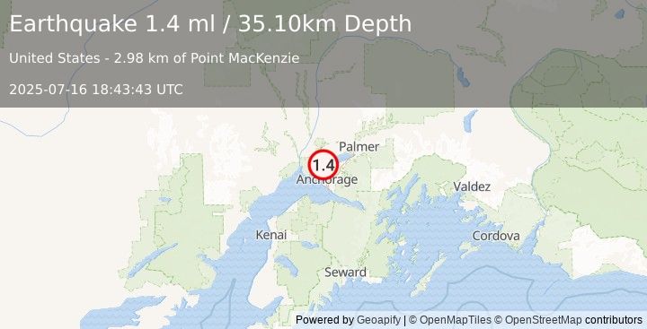 Earthquake 2 km N of Point MacKenzie, Alaska (1.4 ml) (2025-07-16 18:43:43 UTC)