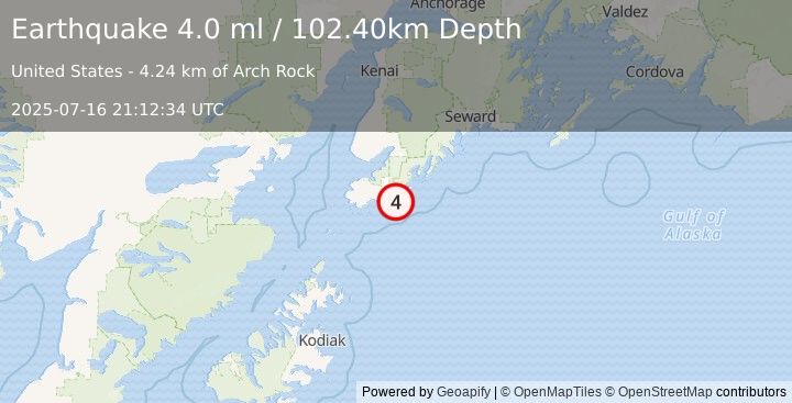 Earthquake 43 km SSE of Halibut Cove, Alaska (4.0 ml) (2025-07-16 21:12:34 UTC)