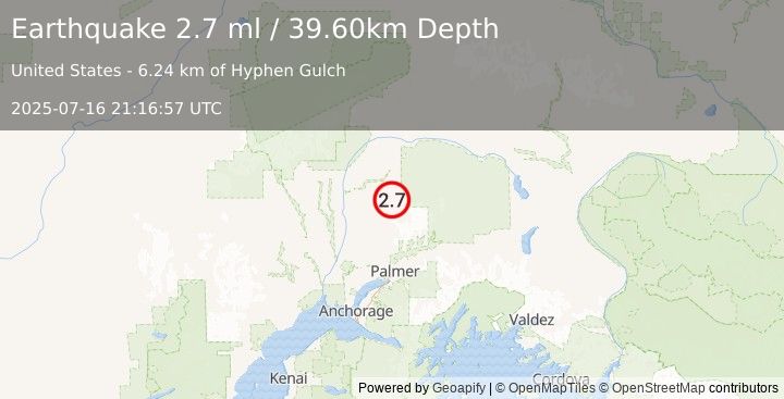 Earthquake 37 km ENE of Susitna North, Alaska (2.7 ml) (2025-07-16 21:16:57 UTC)