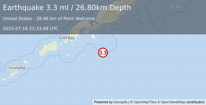 Earthquake 94 km SSE of Sand Point, Alaska (3.3 ml) (2025-07-16 21:33:58 UTC)