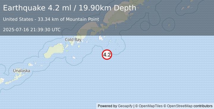 Earthquake 87 km SSE of Sand Point, Alaska (4.2 ml) (2025-07-16 21:39:30 UTC)