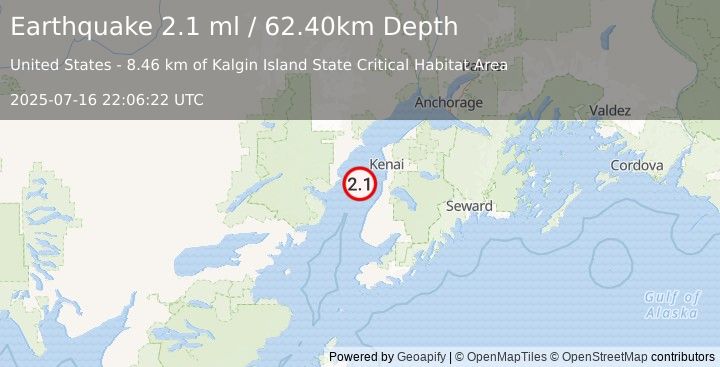 Earthquake 27 km WNW of Clam Gulch, Alaska (2.1 ml) (2025-07-16 22:06:22 UTC)