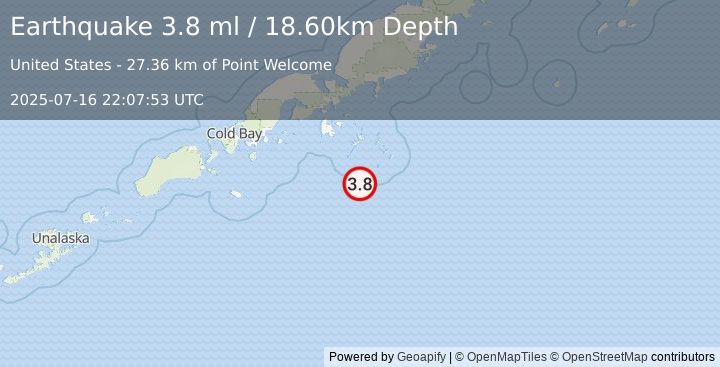 Earthquake 92 km SSE of Sand Point, Alaska (3.8 ml) (2025-07-16 22:07:53 UTC)