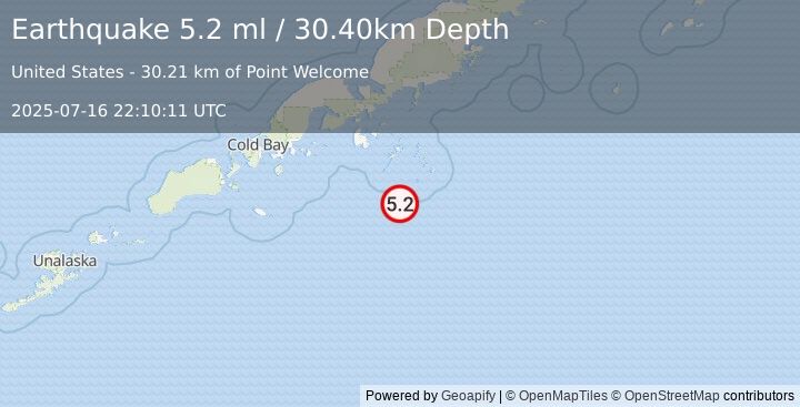 Earthquake 97 km SSE of Sand Point, Alaska (5.2 ml) (2025-07-16 22:10:11 UTC)