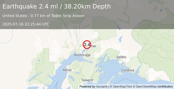 Earthquake 4 km NNW of Tanaina, Alaska (2.4 ml) (2025-07-16 22:25:44 UTC)