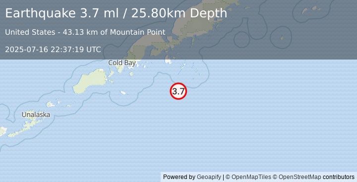 Earthquake 97 km S of Sand Point, Alaska (3.7 ml) (2025-07-16 22:37:19 UTC)