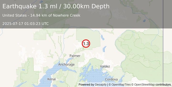 Earthquake 42 km NNE of Chickaloon, Alaska (1.3 ml) (2025-07-17 01:03:23 UTC)