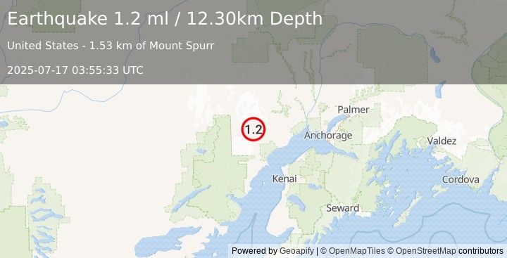 Earthquake 64 km WNW of Beluga, Alaska (1.2 ml) (2025-07-17 03:55:33 UTC)